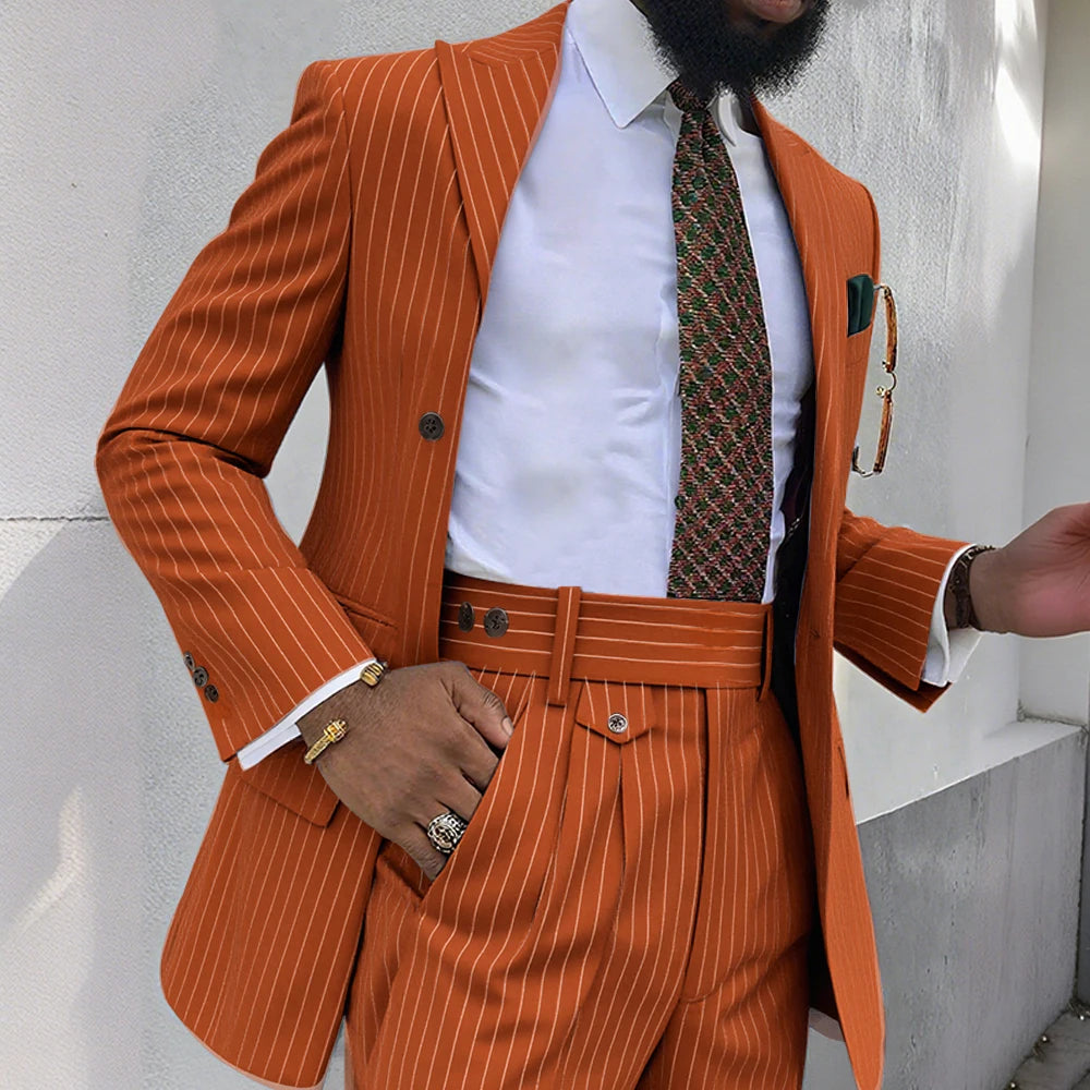 Brown Stripe Men Suits 2 Piece Chic Double Breasted Business Casual Outfits Fashion Peak Lapel Wedding Tuxedo (Jacket+Pants)