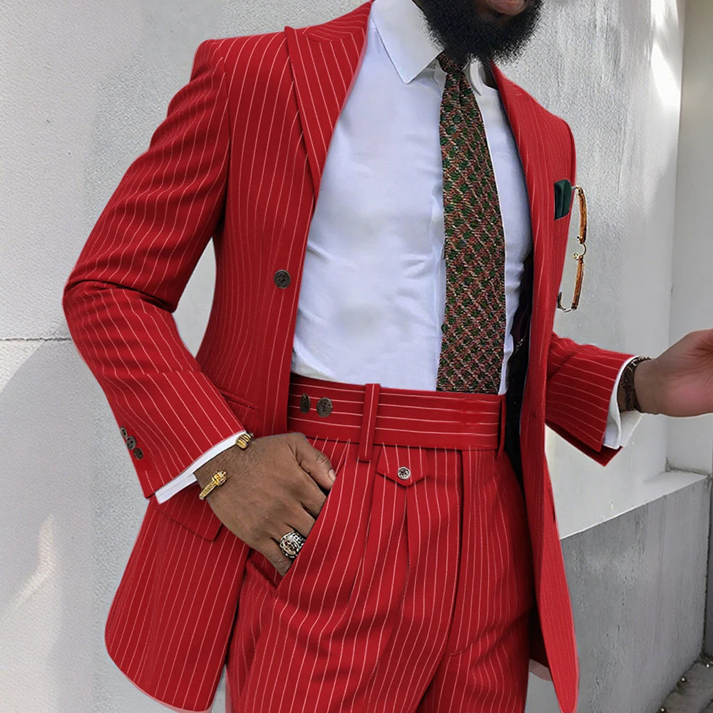Brown Stripe Men Suits 2 Piece Chic Double Breasted Business Casual Outfits Fashion Peak Lapel Wedding Tuxedo (Jacket+Pants)