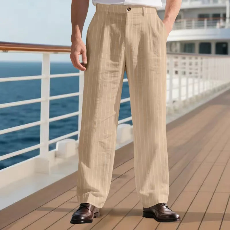 Men's Pinstripe Linen Pants Solid Color Loose Fit Half Elastic Waist Straight Leg Trousers Breathable Soft  For Summer Beach