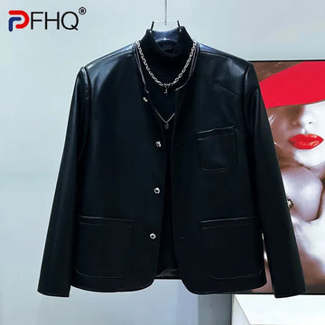 PFHQ Autumn Winter Niche Design Men's Motorcycle Jacket Fashion Solid Color Collarless Simple Black PU Leather Coat 21Z8024