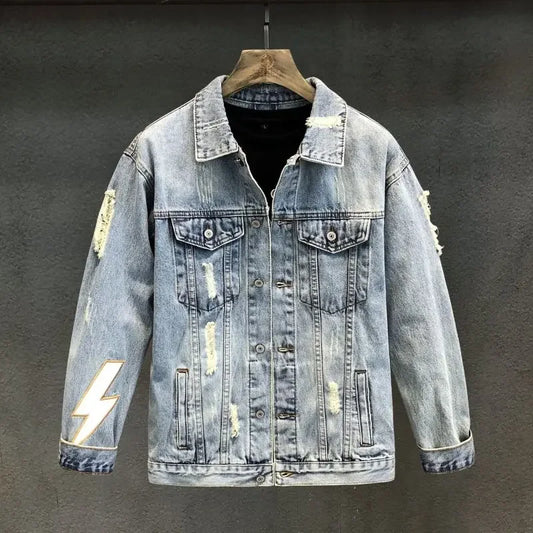 Men's Denim Jacket Vintage With Print Male Jean Coats Hole Ripped High Quality In Lowest Price Size L Loose On Board Casual Y2k