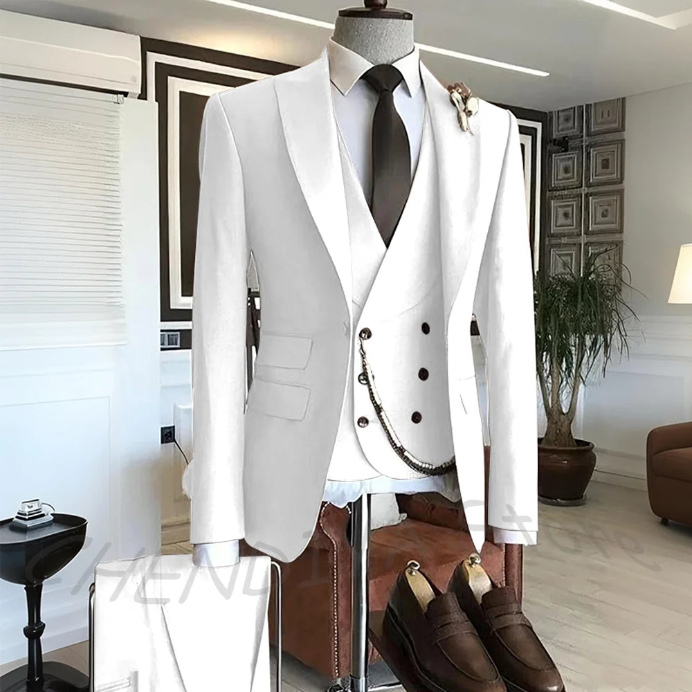 Men's Suit Formal Set 3 Piece Chic Single Button Peak Lapel Slim Fit Outfit Jacket Pants Vest High Quality Business Casual