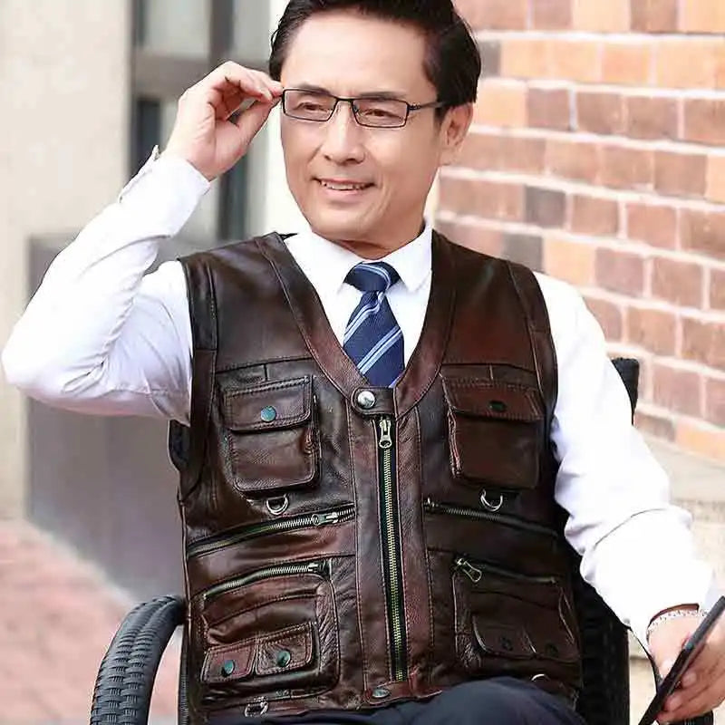 Cowhide Genuine Leather Vest Men Brown Waistcoat Male Sleeveless Jacket Thick High Quality Motorcycle Vest Multi Pocket Zipper