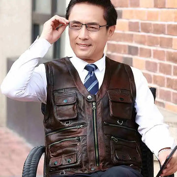Cowhide Genuine Leather Vest Men Brown Waistcoat Male Sleeveless Jacket Thick High Quality Motorcycle Vest Multi Pocket Zipper