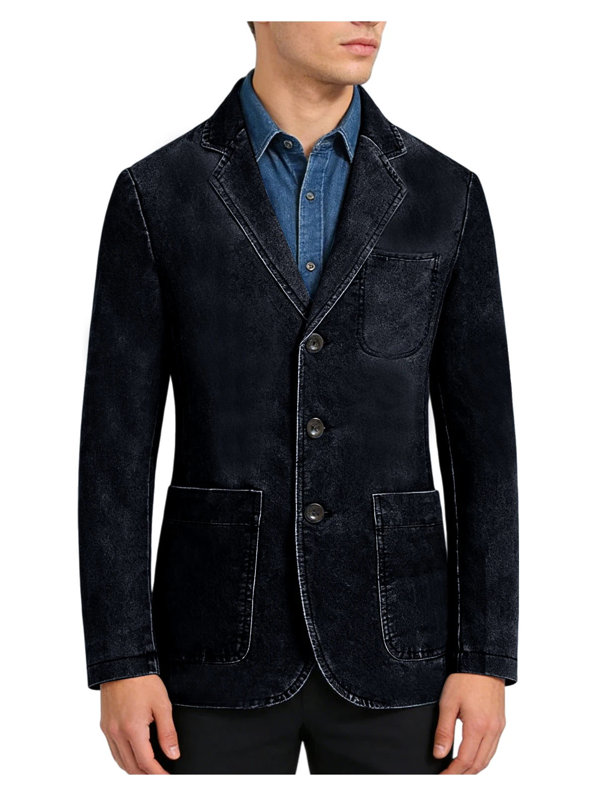 Men‘s Casual Denim Blazer Notch Lapel Jean Jacket Lightweight Stretch Suit Sport Coat with Pockets