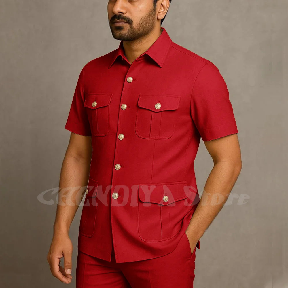Solid Color Men Suits Safari Style Stand Collar Single Breasted Slim Fit Outfits Smart Casual Office Work Social Daily Set