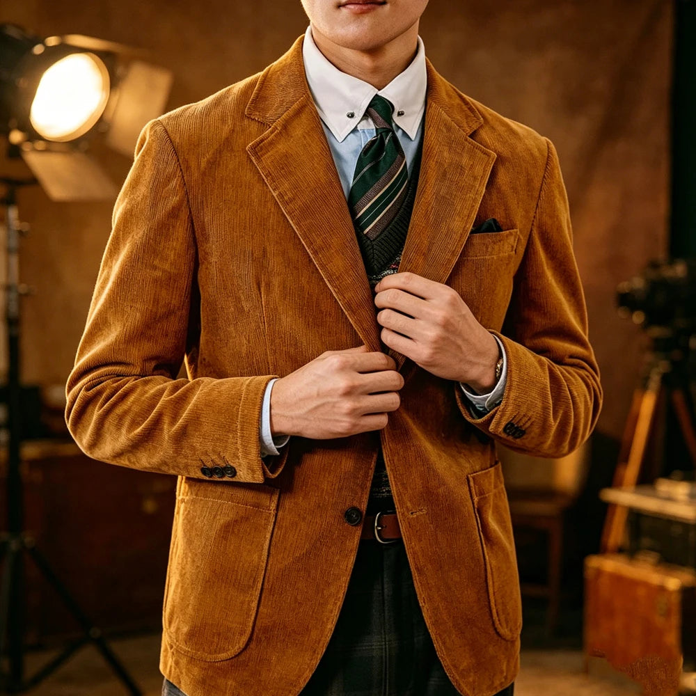 Men's Corduroy Blazer British Style Notched Lapel Casual Slim Fit Suit Jacket For Business Wedding Daily Wear Party