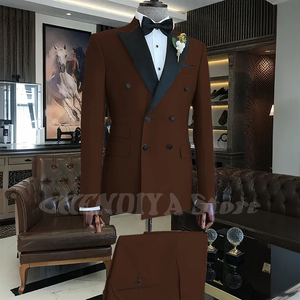 Elegant Men Suits Classic Double Breasted Peak Lapel Male Clothing 2 Piece Fashion Evening Party Business Prom Formal Set