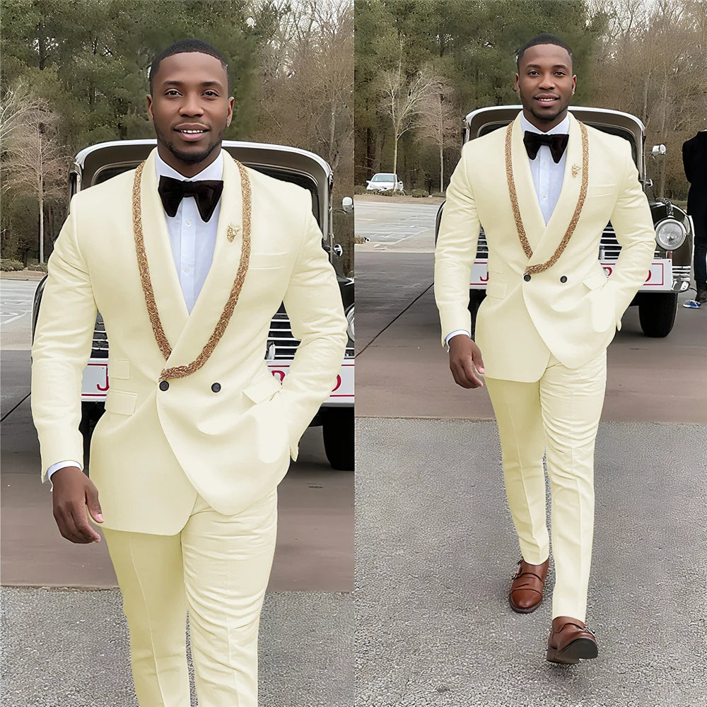 Handsome Men's Suits Double Button Shawl Lapel Solid Color Outfit Man Set 2 Piece Casual Daily Office Prom Male Clothing