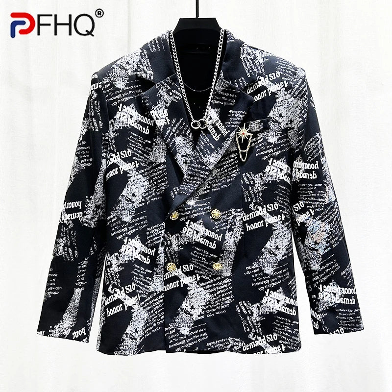 PFHQ Autumn New Printed Letter Double Breasted Black Suit Jacket Men's Fashion Loose Fitting Suit Top Contrast Color 21Z6110