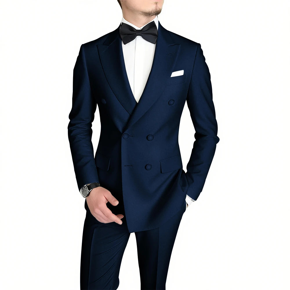Classic Black Men's Suit Fashion Peak Lapel Double Breasted Outfits Wedding Groom Prom Business Formal Suit (Jacket+Pants)