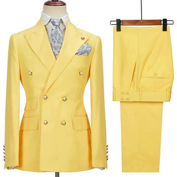 Blazer Hombre Yellow Suits for Men Chic Terno Double Breasted Peak Lapel Elegant Wedding Full Set Male 2 Piece Jacket Pants 2024