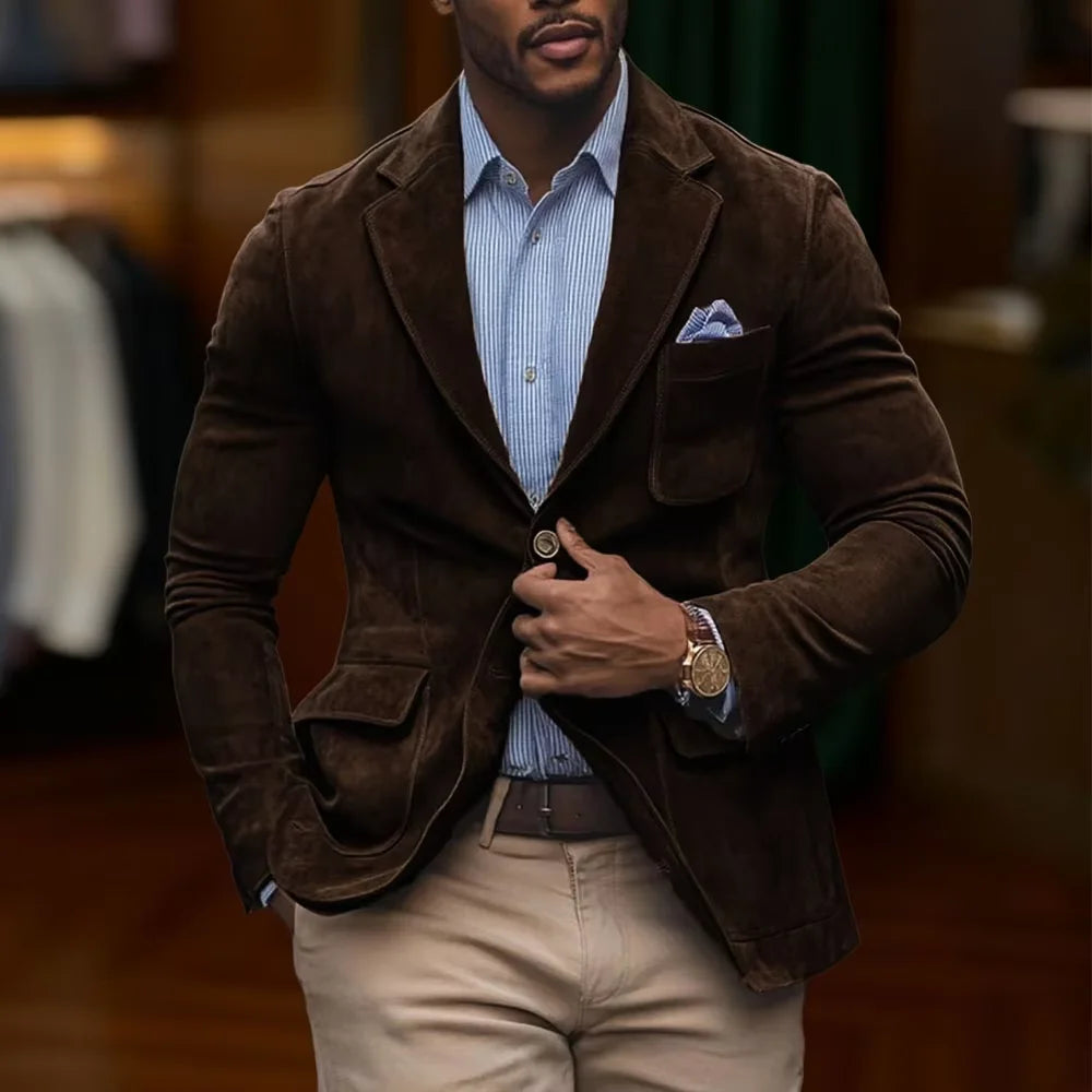 Men's Suede Brown Blazer Vintage Slim Fit Notched Lapel Formal Jacket High Quality Flap Pocket Sport Coat For Business Casual