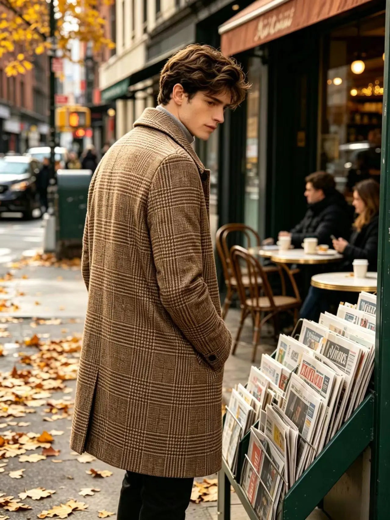 Men's Plaid Wool Blend Overcoat Turn Down Collar Mid Length Classic British Style Jacket For Business Casual
