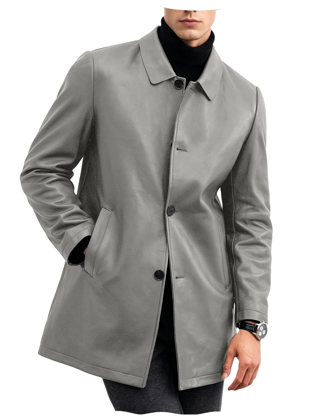 Men Premium Leather-Like Trench Coat Turn-Down Collar Single Breasted Mid-Length Overcoat Classic Slim Fit Business Casual Wear