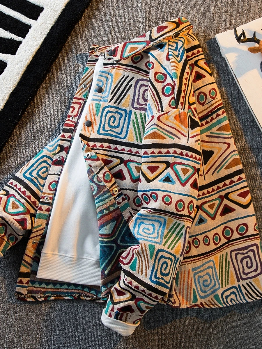 Vintage Ethnic Style Knitted Shirt Men's High-end Feeling Autumn Handsome Shirt Jacket Long Sleeved Casual Vintage Shirt Coat