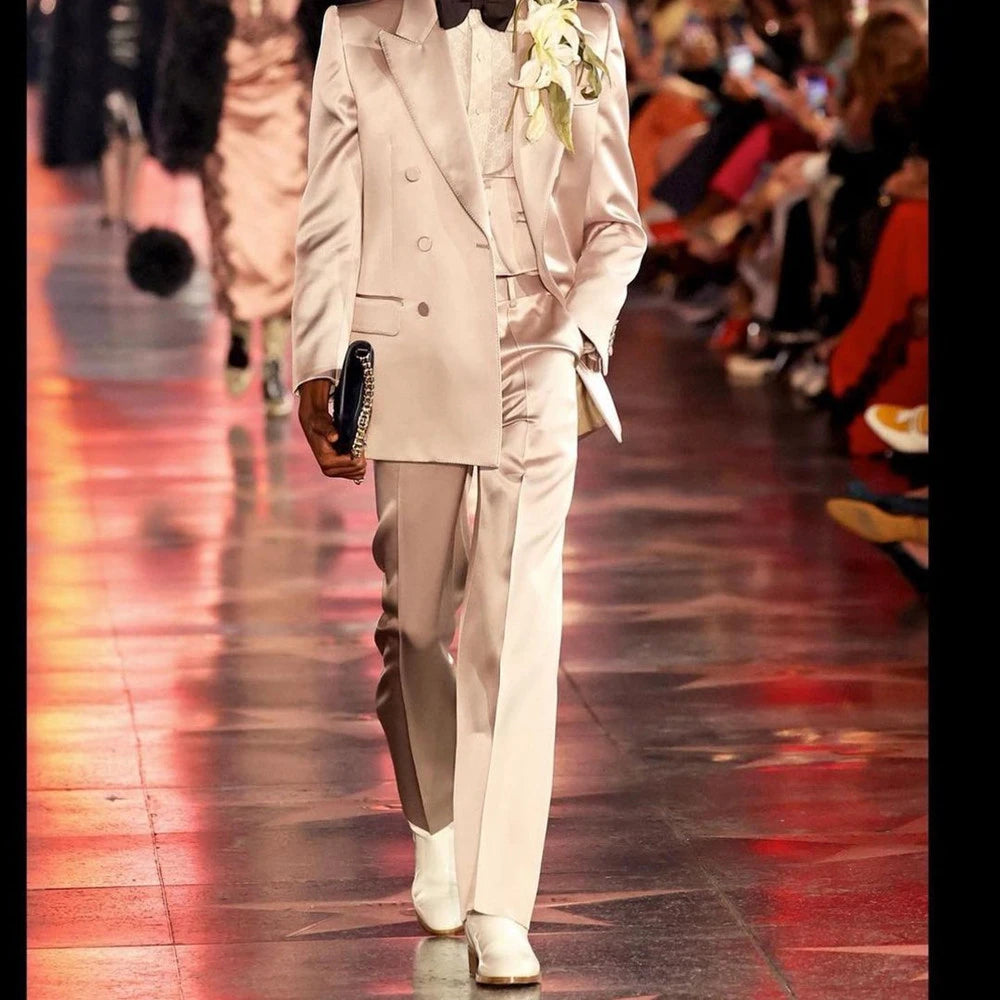 Costume D'homme Satin Pink Mens Pants Suits Set Wedding Tuxedos Custom Made Prom Party Formal Male Blazer (Jacket+Pants)