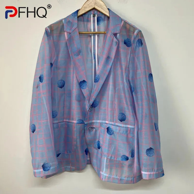 Pfhq maschi's blazer Summer Print Single Single Transparent Organza Sun Protection Casual Mash Suit Gacche da maschio Chic 21Z4570