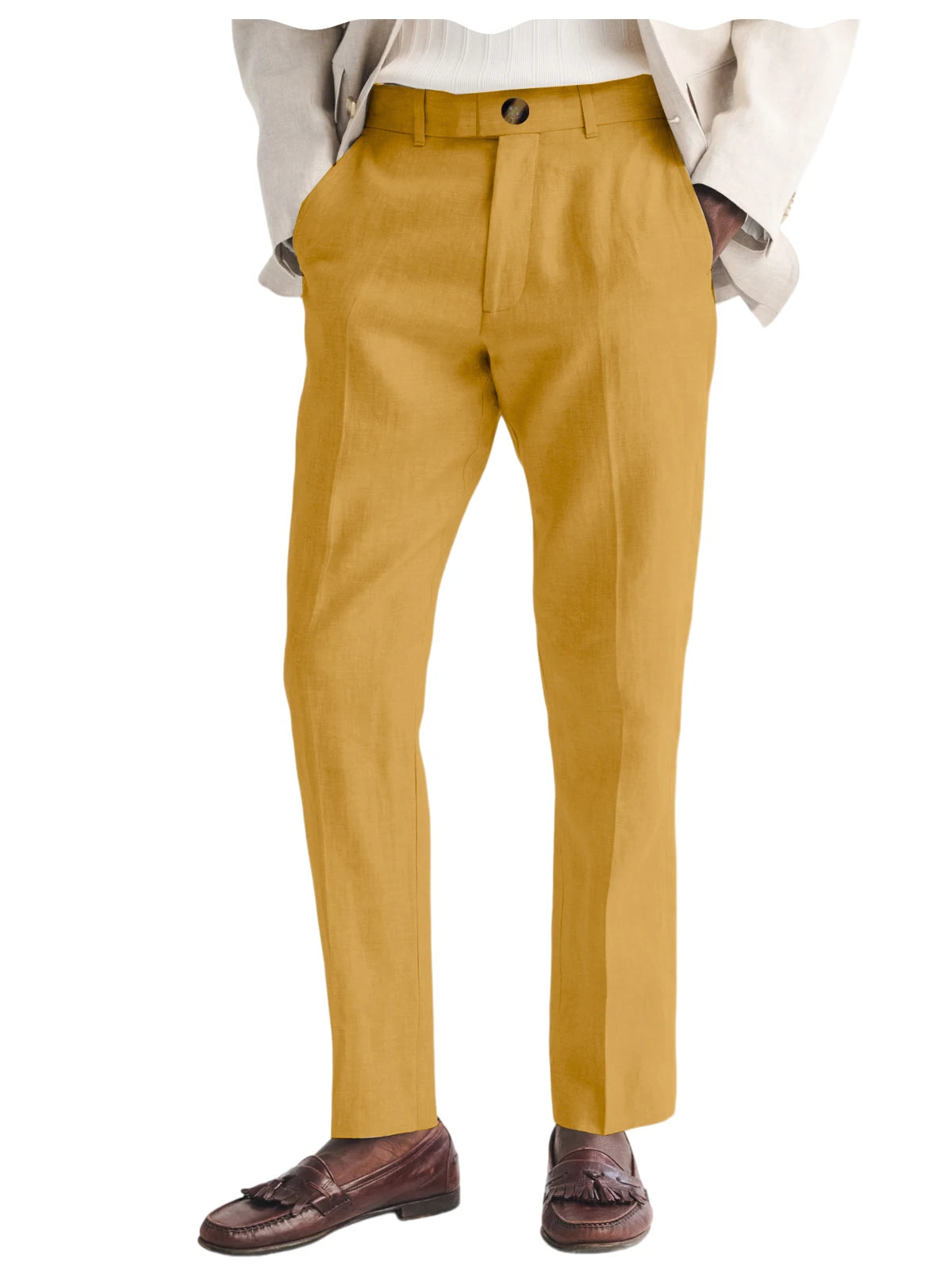Men's Linen Straight Fit Pants Wrinkle-Resistant Lightweight Breathable Flat-Front Casual Trousers Expandable-Waist For Summer