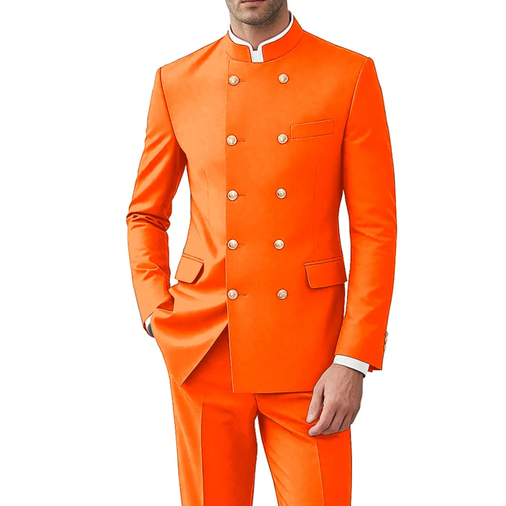 Solid Color Men Suits Formal 2 Pieces Double Breasted Stand Collar Balzer Pants Formal Party Business Wedding Set Customized