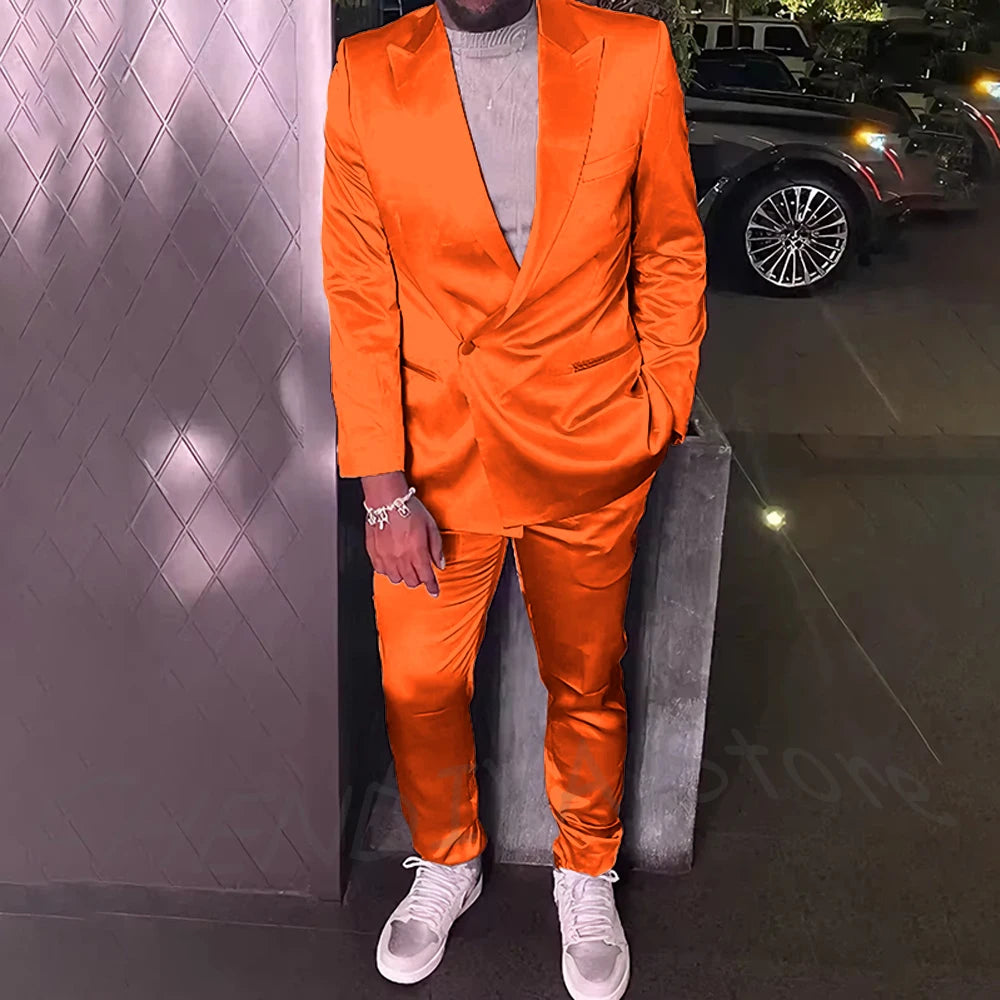 Silver Satin Men Suits 2 Piece Chic Peak Lapel Casual Daily Suit Single Button Formal Evening Party Tuxedo (Blazer+Pants)