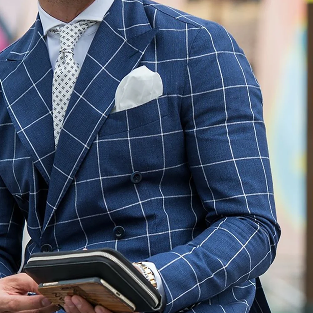 Blue Plaid Men's Suit Business Casual Peak Lapel Slim Fit Outfit Jacket Pants Double Breasted Formal Office Work Blazer Set