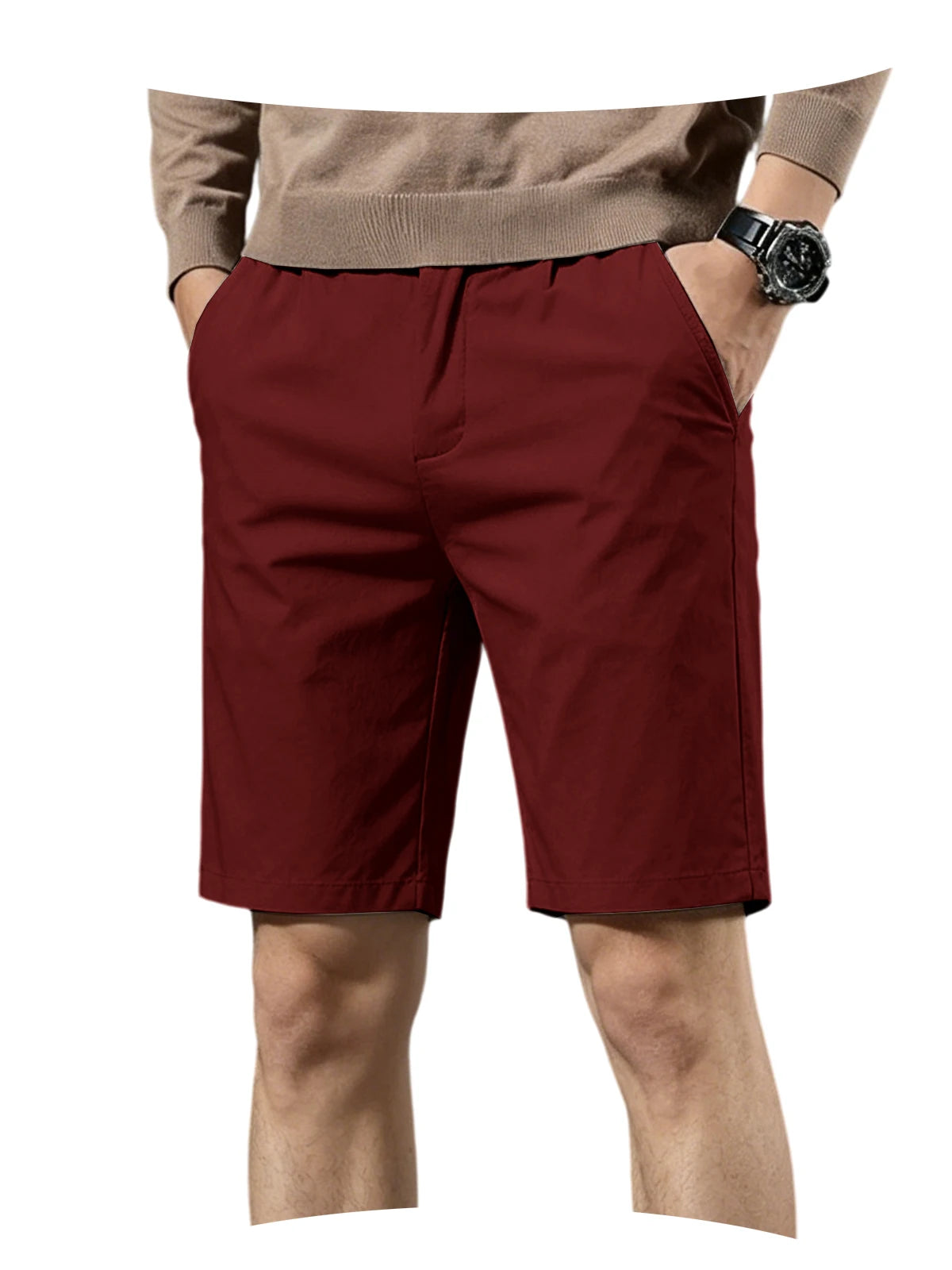 Men Cotton Solid Knee Length Bermuda Shorts Straight Chino Shorts Front Back Pockets Breathable Summer Beach Daily Casual Shorts