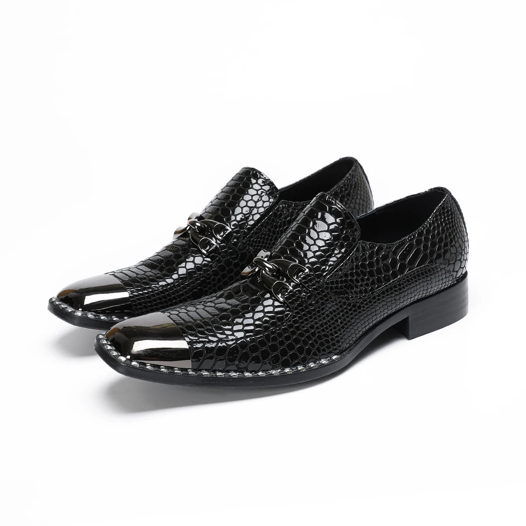 Men's Loafers with Metal Square Toe in Crocodile Leather Spring/Fall Business Banquet Party Office New Formal Shoes