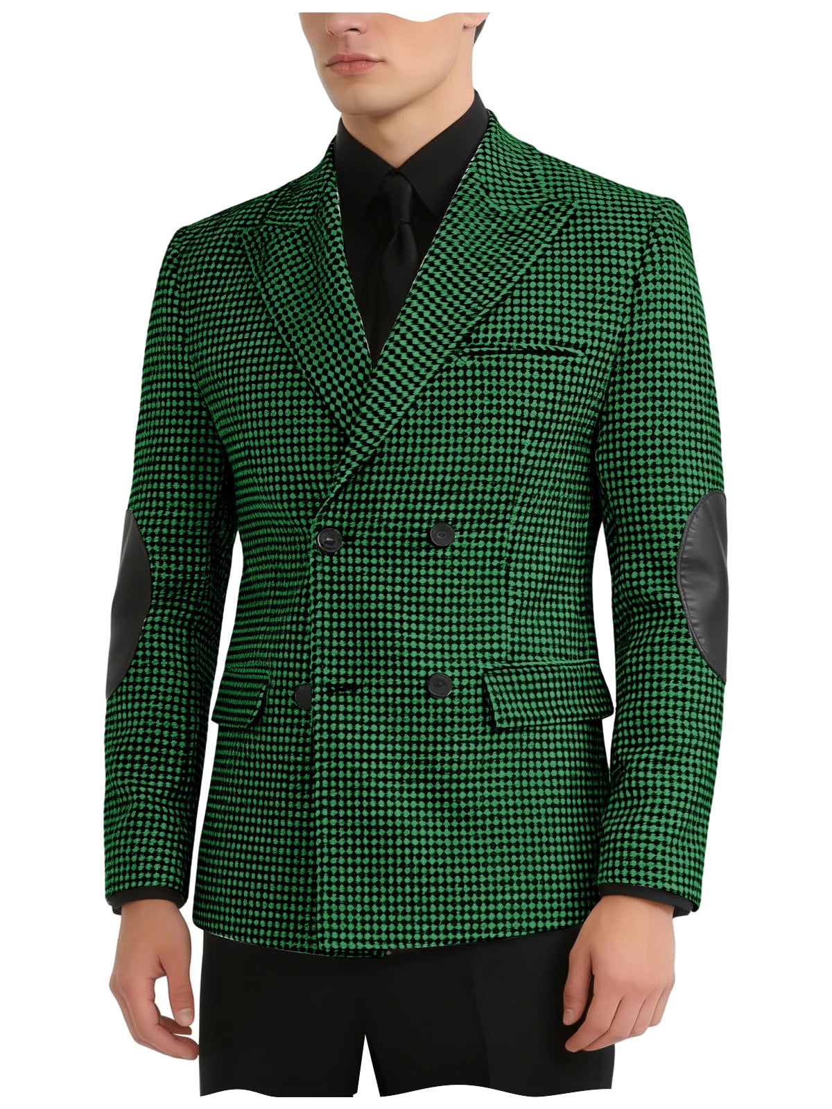 Men's Houndstooth Double Breasted Blazer with Leather Elbow Patches Peak Lapel Sport Coat Formal Business Wedding Suit Jacket
