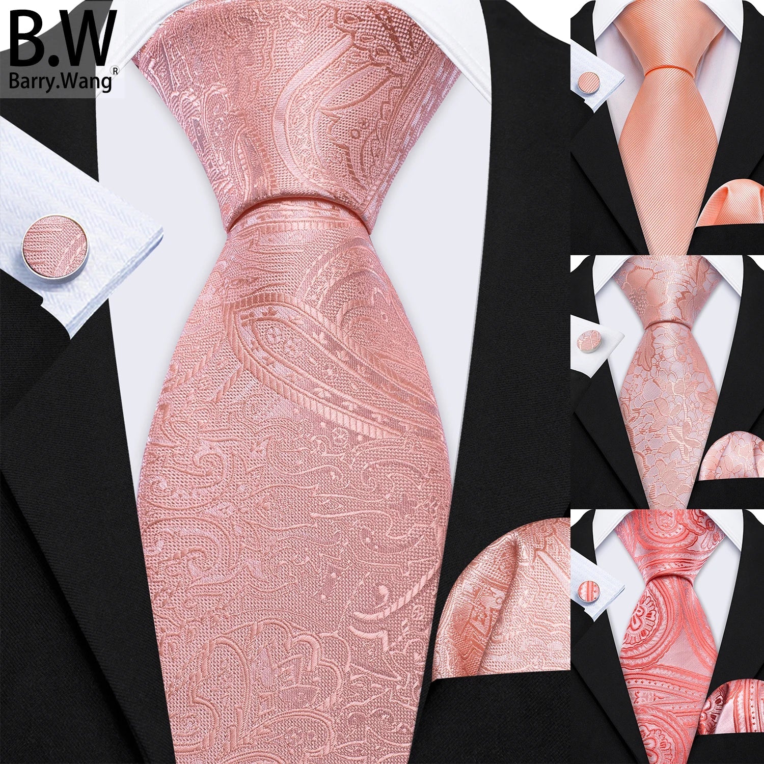 Barry.Wang Peach Salmon Coral Pink Silk Men Tie Handkerchief Cufflink Set Jacquard Paisley Floral Necktie Male Wedding Business