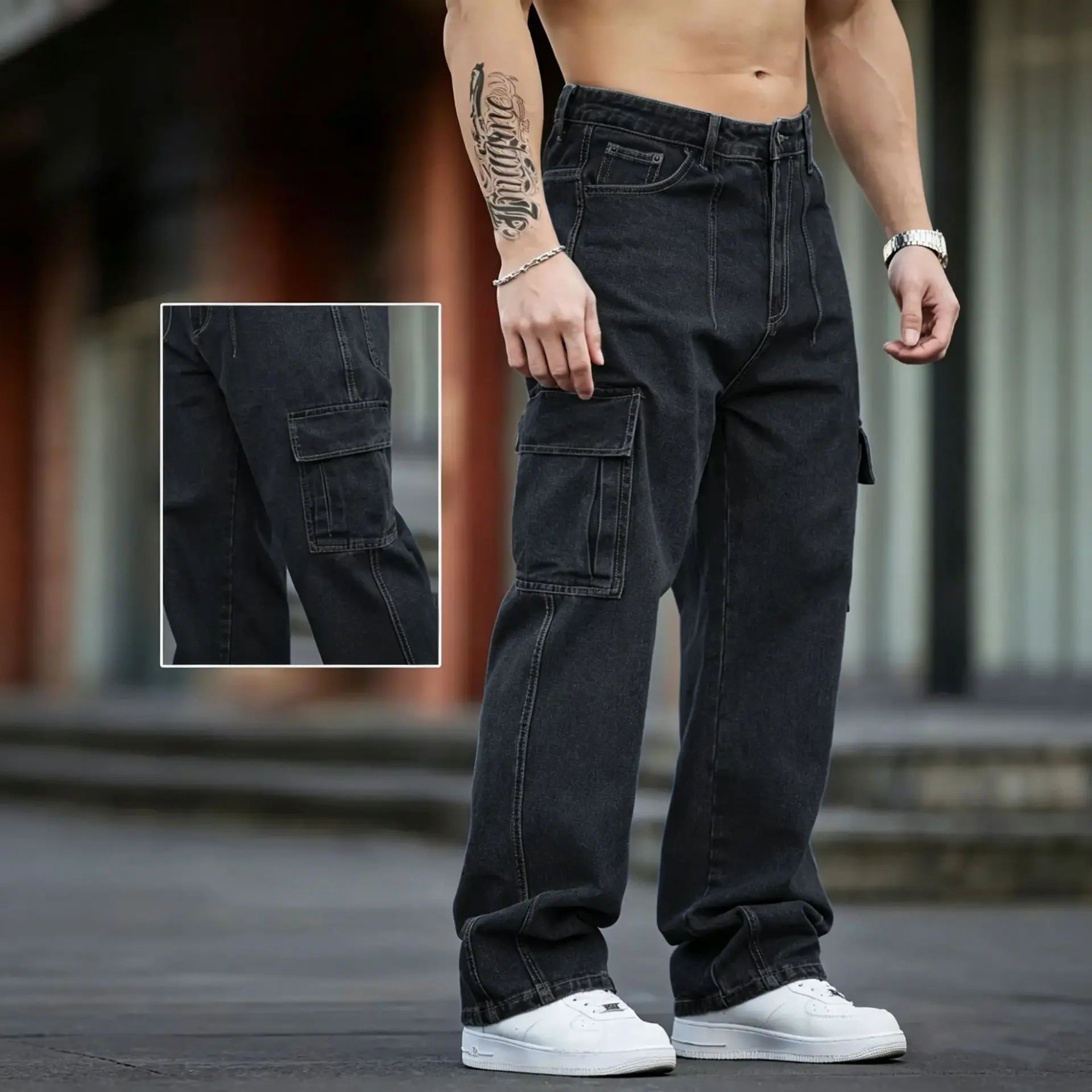 Men Multi Cargo Pocket Jeans Vintage Loose Wide Leg Straight Denim Pants Streetwear Hip Hop Workwear Trousers