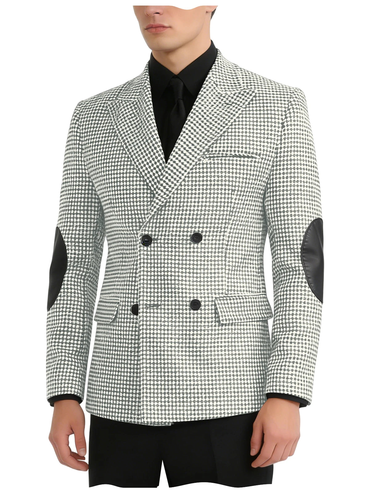 Men's Houndstooth Double Breasted Blazer with Leather Elbow Patches Peak Lapel Sport Coat Formal Business Wedding Suit Jacket