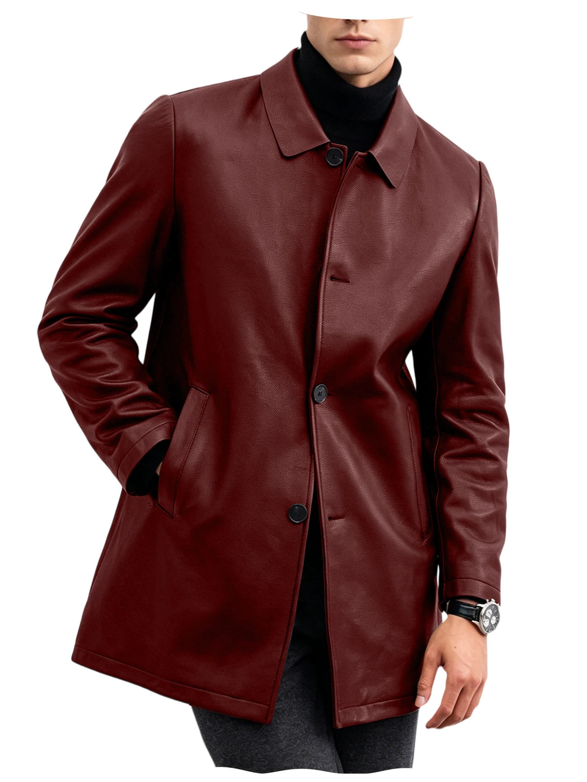 Men Premium Leather-Like Trench Coat Turn-Down Collar Single Breasted Mid-Length Overcoat Classic Slim Fit Business Casual Wear