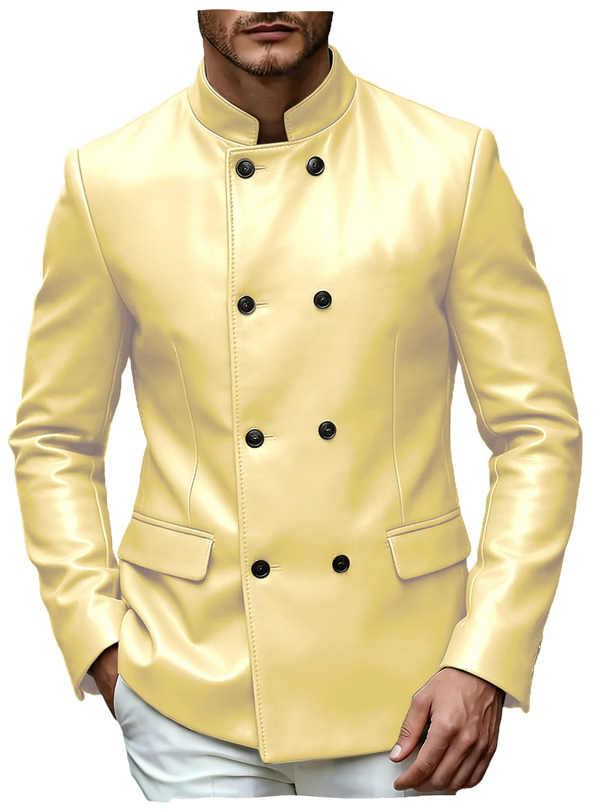 Men's Blazer Stand Collar Faux Leather Jacket High Quality Double Breasted Slim Fit Casual Coat For Business Office Outerwear