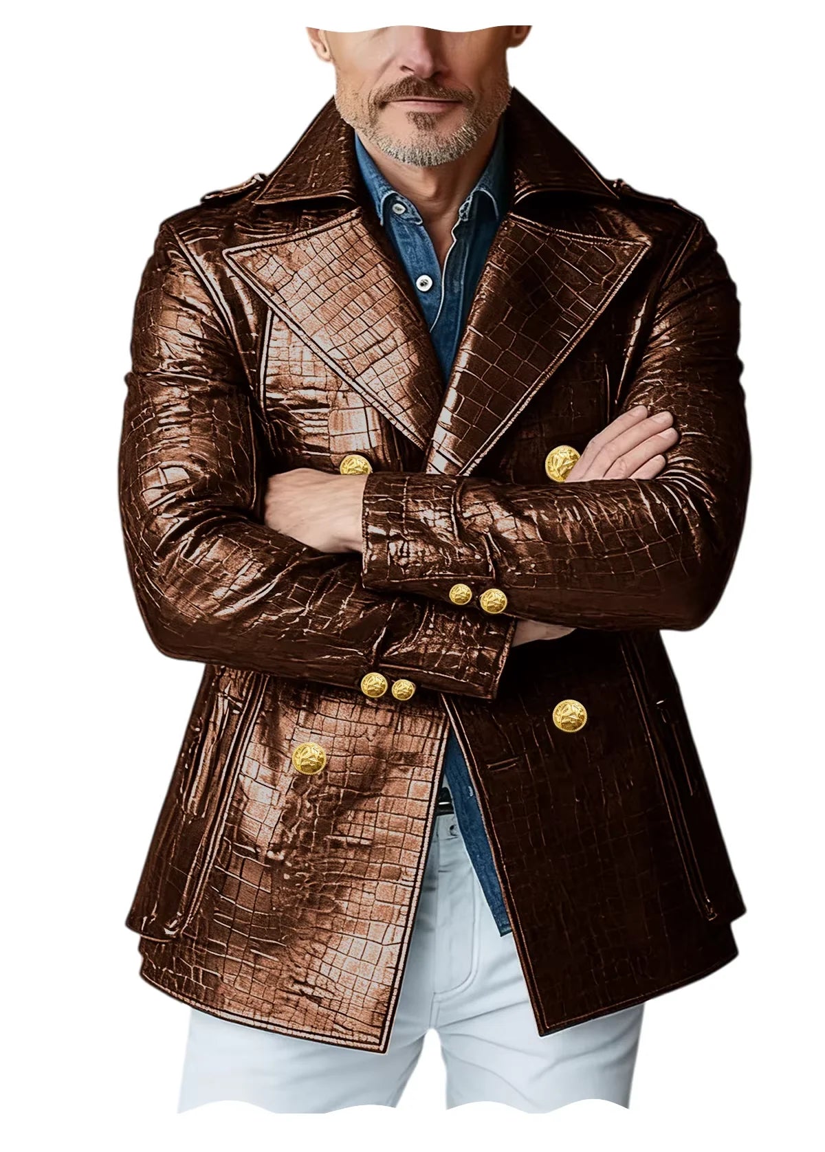 Men's Crocodile Embossed Leather Peacoat Double Breasted Gold Button Jacket Luxury Casual Overcoat