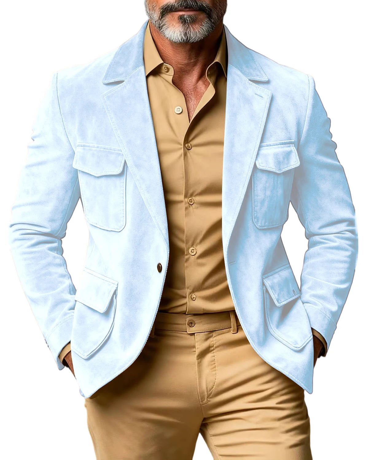 Men's Suede Safari Blazer Slim Fit Notch Lapel Multi-Pocket Hunting Jacket Autumn Winter Casual Business Sport Coat
