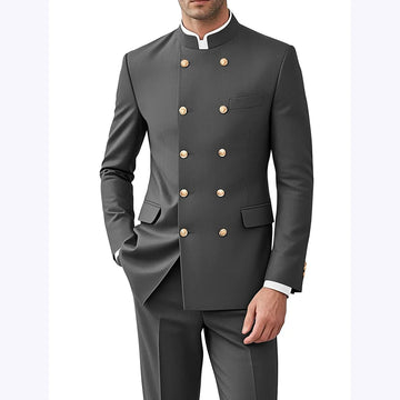 Solid Color Men Suits Formal 2 Pieces Double Breasted Stand Collar Balzer Pants Formal Party Business Wedding Set Customized