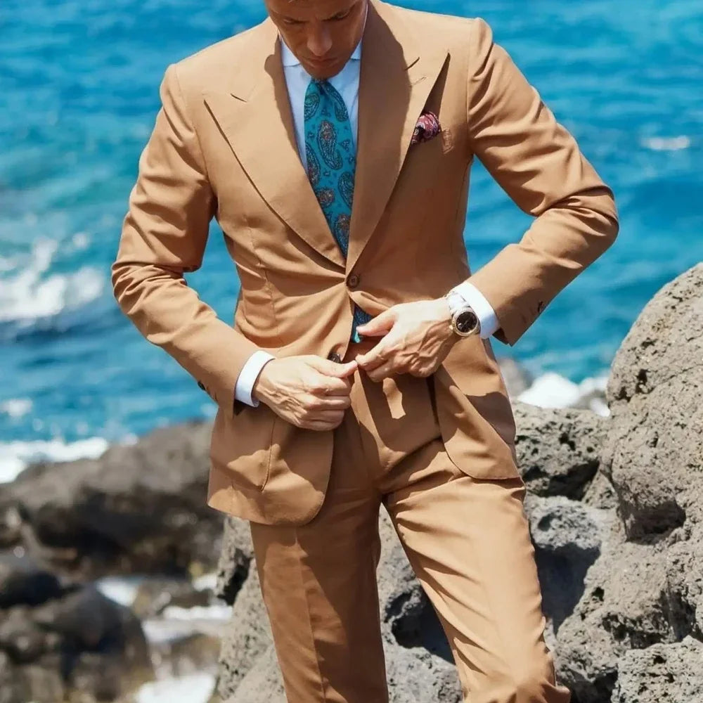 Fashion Brown Suits for Men 2 Piece Summer Peak Lapel Single Breasted Tuxedo Groom Wedding Casual Daily Suits (Jacket+Pants)