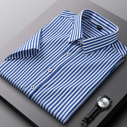 Casual summer short sleeve shirts for men striped elatic social slim fit formal shirt Business class fit thin easy-care clothes