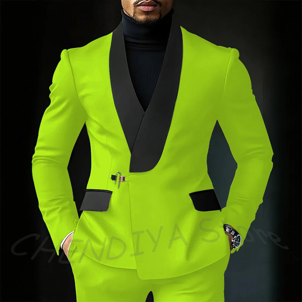 Contrast Color Men's Suit Set 2 Piece Elegant Shawl Lapel Slim Fit Formal Outfit Business Casual Jacket Pants Customized