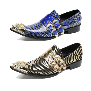 Zebra Prints Men's Casual Leather Shoes Fashion Metal Pointed Toe Belt Buckle Decor Shallow Slip-On Loafers Male Derby Shoes