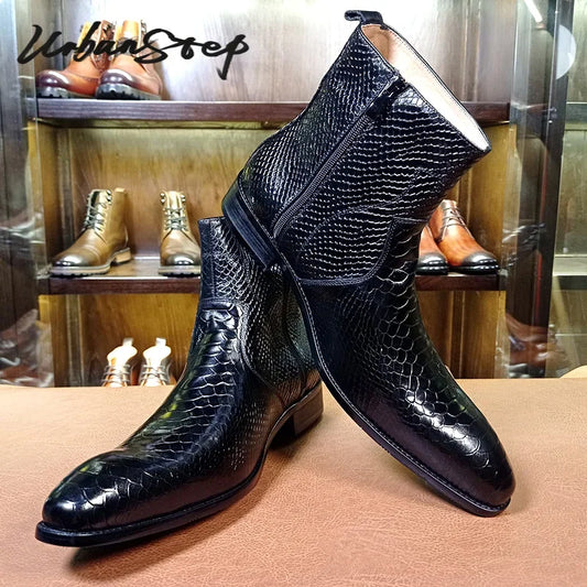 Luxury Men Mid-Calf Boots High Grade Python Print Shoes Casual Mens Dress Boots Winter Genuine Leather Chelsea Boots Shoes Men