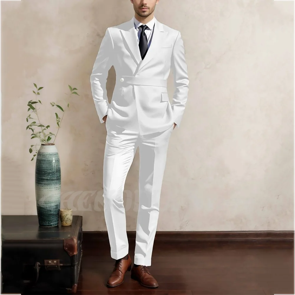 Solid Color Formal Suit For Men Slim Fitted Peaked Lapel High Quality Male Outfit Business Casual Office Wear Two Pieces