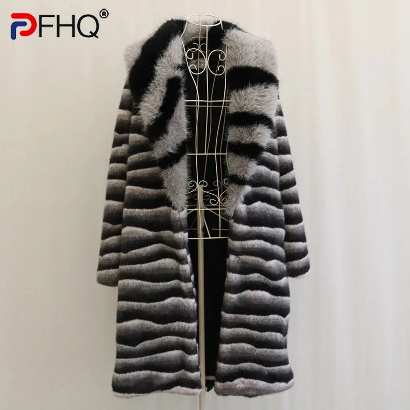 PFHQ Men's Autumn Winter New Mink Fur Coat Imitation Casual 2024 Contrast Color Long Sleeve Male Overcoat 21Z7155