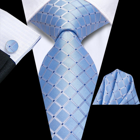 Hi-Tie Designer Plaid Light Blue Men Elegant Necktie Handkerchief Cufflinks for Tuxedo Fashion Classic Silk Luxury Tie for Man