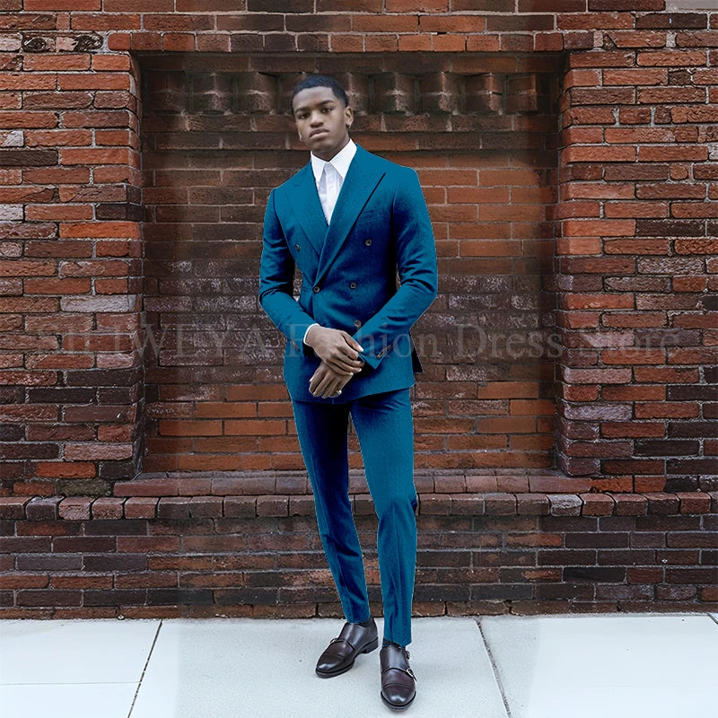 Grey Double Breasted Men's Suit 2 Pieces Jacket Pants Business Casual High Quality Office Stylish Male Clothing