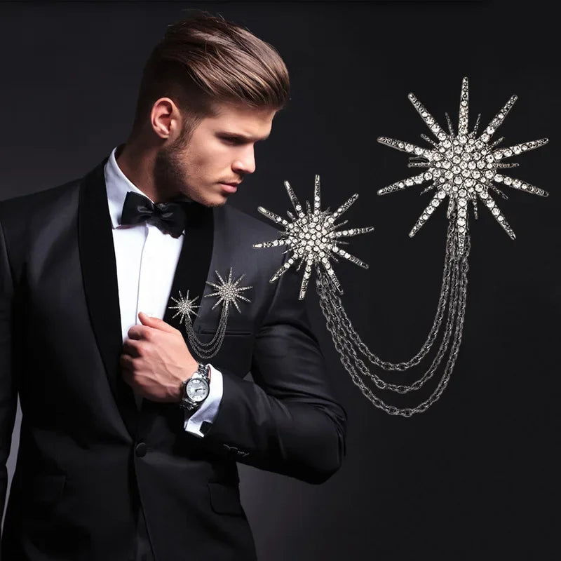 Fashion New Retro Metal Brooch Tassel Chain Men's Suit Six-awn Stars Snowflake Lapel Pins and Brooches Women and Men Accessories