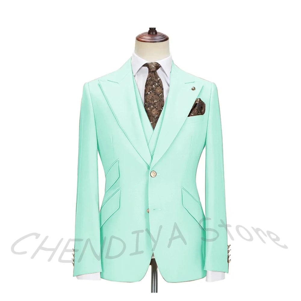 Solid Color Men's Suits 3 Piece (Blazer+Pants+Vest) Fashion Peak Lapel Single Breasted Prom Male  Business Casual Clothing