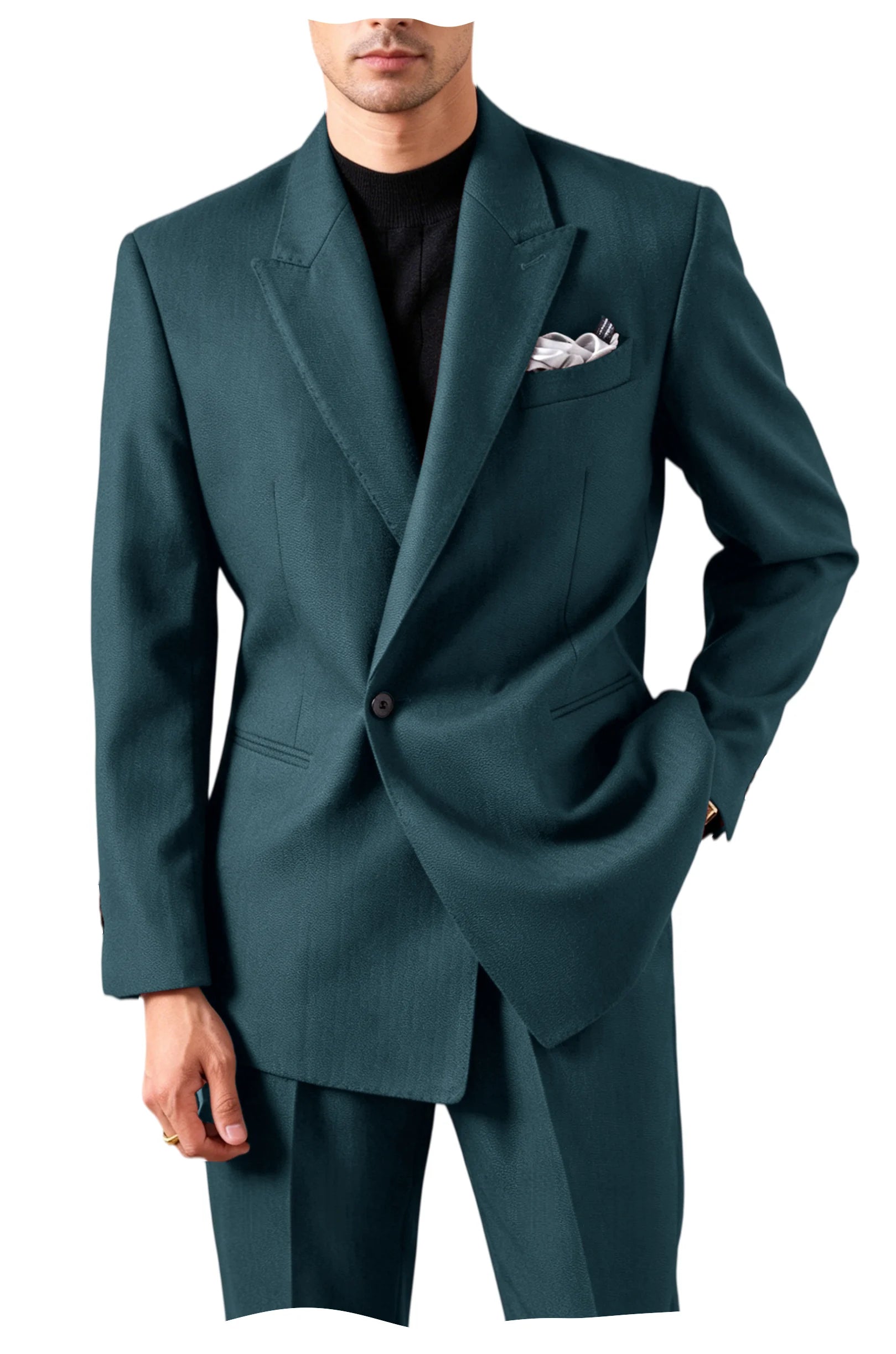 Men's Serge Suit Set Jacket Premium One Button Peak Lapel Slim Fit Tuxedo 2 Piece Blazer Pants Casual Business Wedding Formal