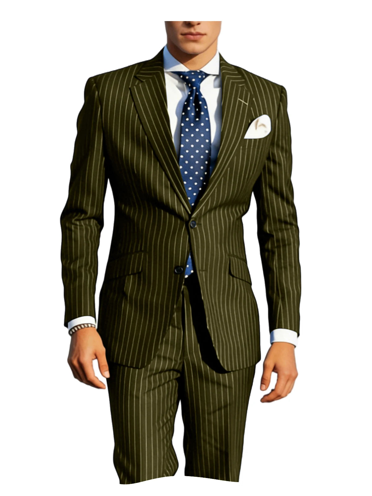 Mens Pinstripe Suit Tuxedo 2-Piece Slim Fit Blazer Pants Set Formal Business Wedding Jacket Trousers For Spring